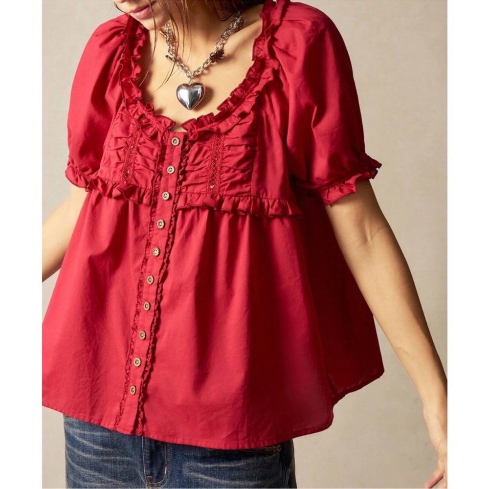 Solid Red Ruffle Puff Sleeve Button Down Oversize… - image 1